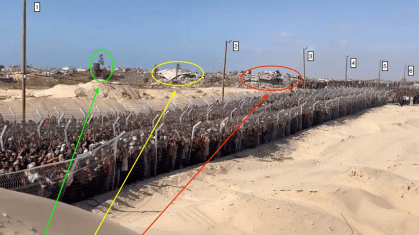 NBC News verified video from an aid distribution site in Rafah by comparing landmarks in the background, circled, with recent satellite imagery and drone video released by the Israel Defense Forces.